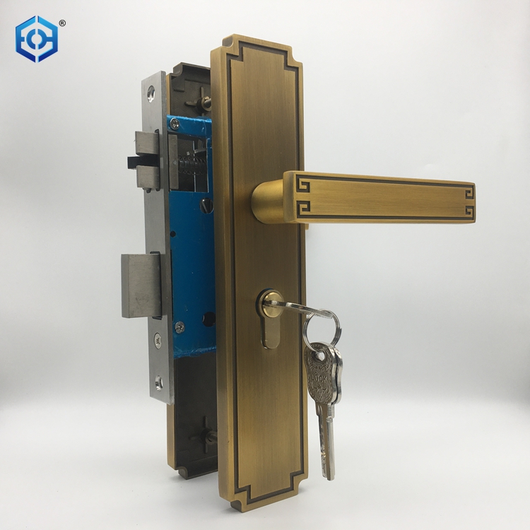 Cerradura de manijas de puerta doble Interior de latón antiguo, juego de cerradura de embutir, cerradura de seguridad