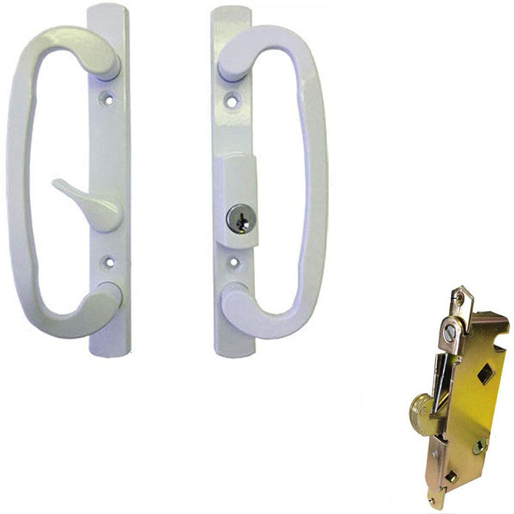 Juego de manijas para puertas corredizas de vidrio para patio con cerradura embutida con llave blanca