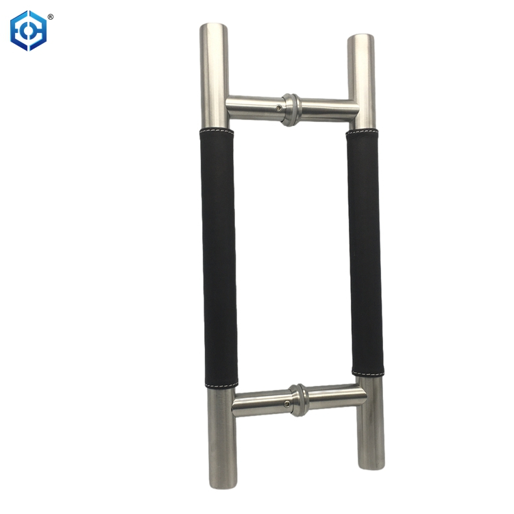 Manija de puerta de vidrio clásica con ducha de acero inoxidable tipo H con cuero